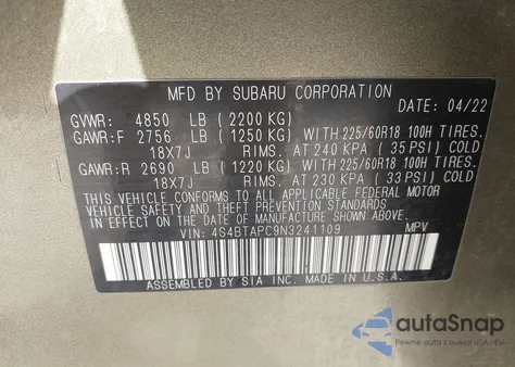 2022 Subaru Outback Touring z USA, uszkodzony, nr VIN 4S4BTAPC9N3241109